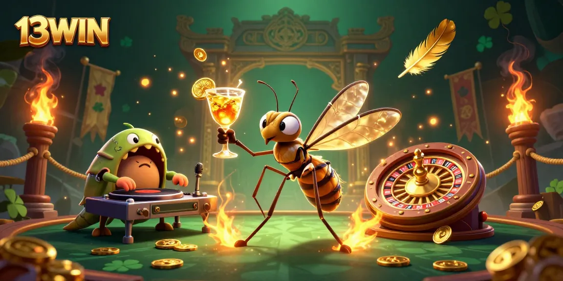 Experience the thrill of 13WIN with a vibrant casino scene featuring a frozen mosquito mascot, dynamic DJ, and golden roulette wheel.
