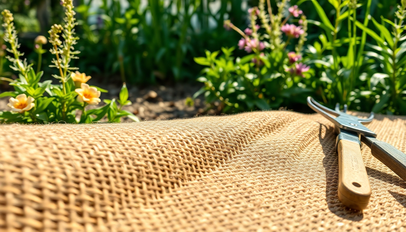 Hanfmatte in einem ruhigen Garten mit natürlichen Texturen und umgebenden Pflanzen.