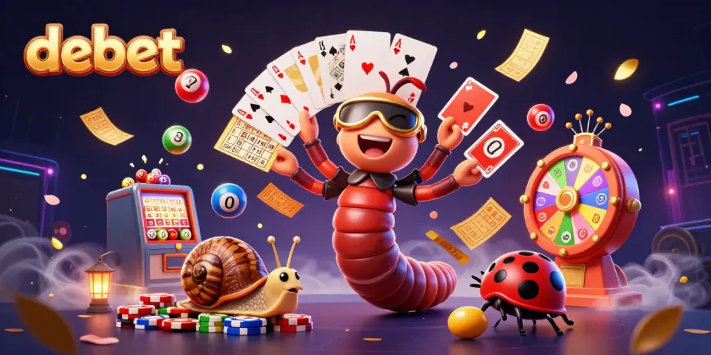 Experience thrilling moments at DEBET with a 3D cartoon dealer showcasing vibrant casino elements and games.