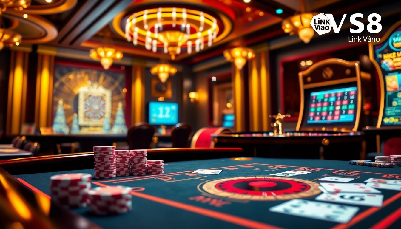 Experience thrilling online gaming with Link Vào S8 featuring luxurious casino tables and vibrant slot machines.