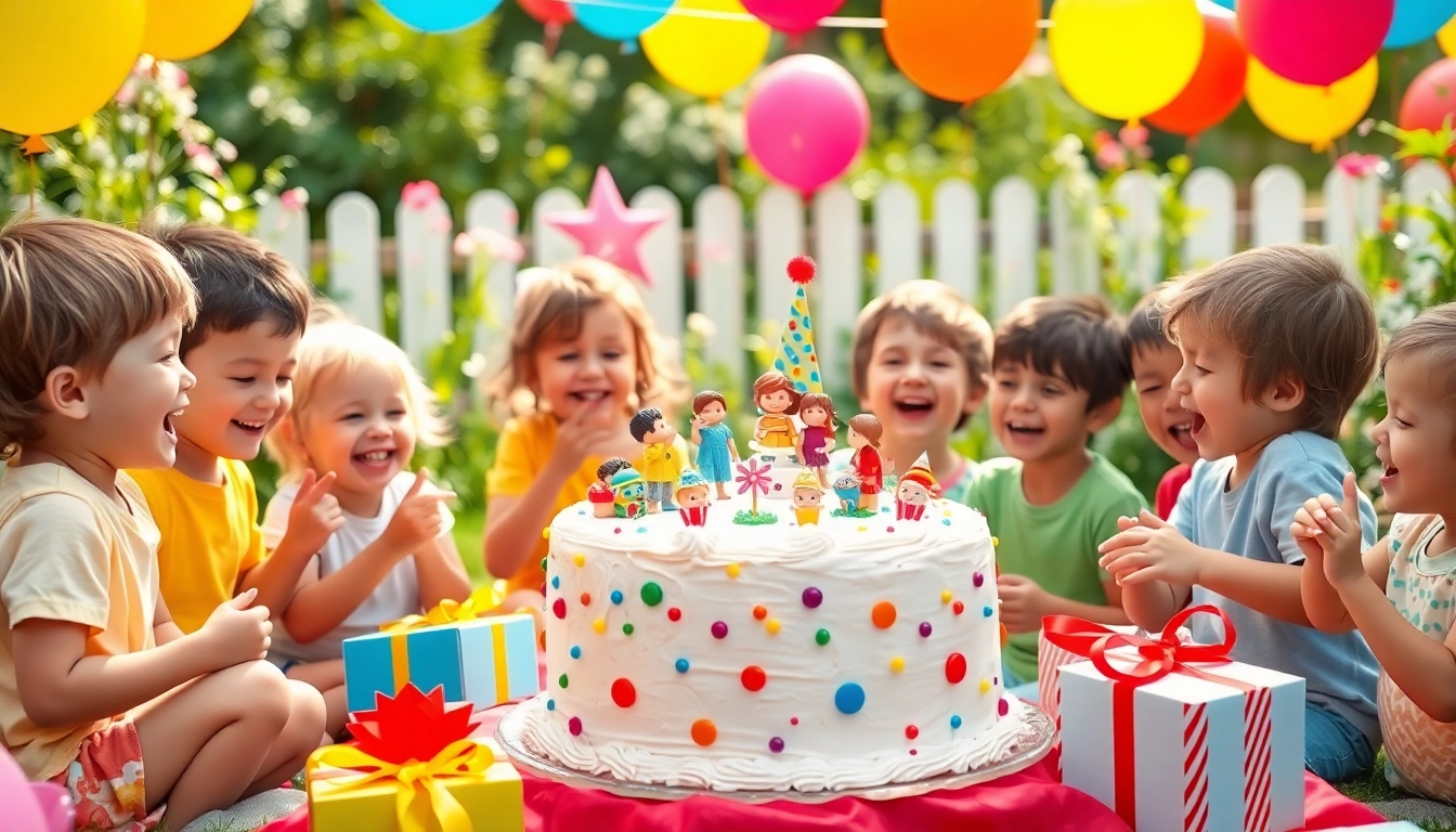 Feiernde Kinder beim Kindergeburtstag 4 Jahre mit bunten Ballons und einem großen Kuchen.