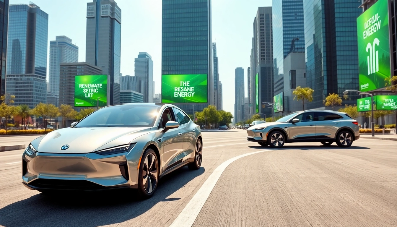 Elektroautos auf einer modernen Straße in einer futuristischen Stadt mit grünem Umfeld.