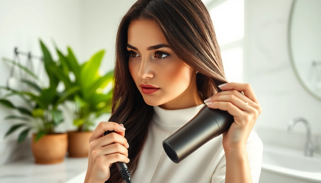 Effektiv styling mit dem laifen haartrockner für glänzendes Haar in modernem Badezimmer.