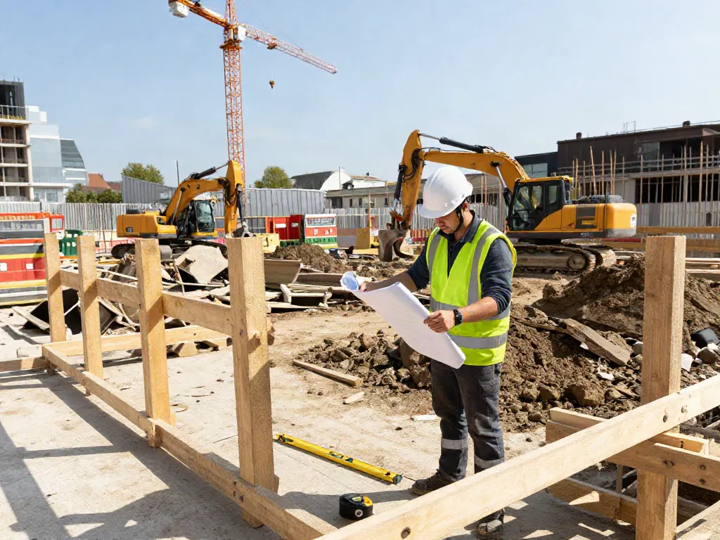 Baugrubensicherung Wien auf einer Baustelle, Arbeiter prüft Pläne mit Baugeräten und Sicherheitsvorkehrungen im Hintergrund.
