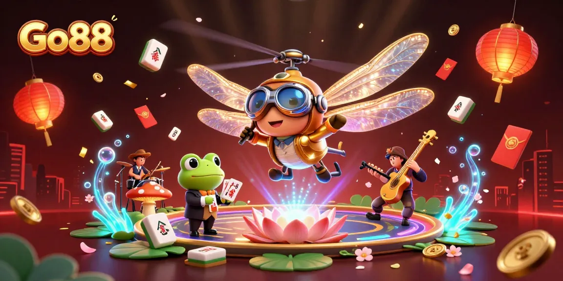 Experience thrilling gaming at Go88 with a dynamic scene featuring vibrant casino action and playful characters.