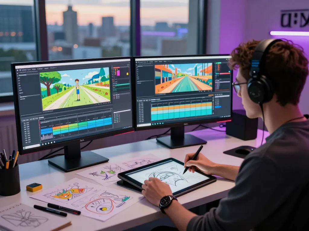 Creative workspace showcasing motion control software and animation tools.