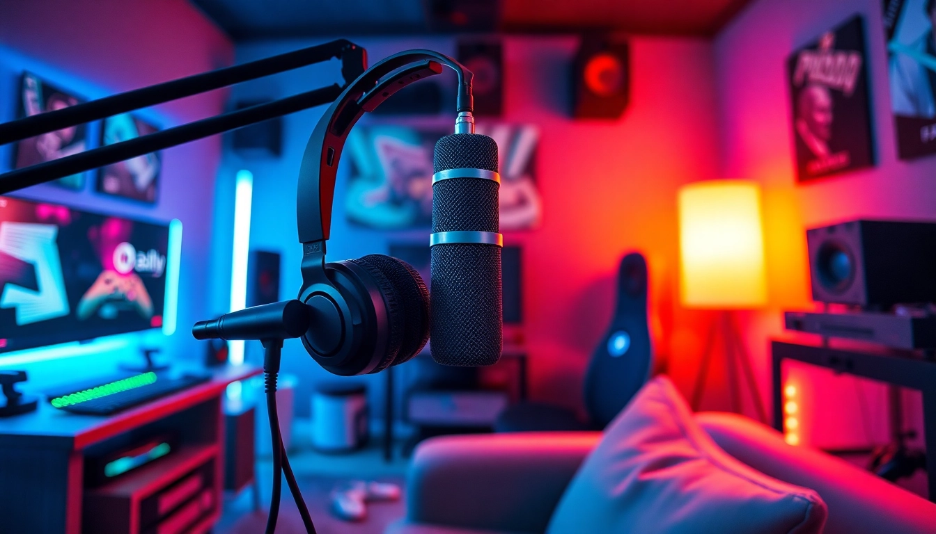 Die Gaming Podcast Aufnahme mit einem modernen Mikrofon und Kopfhörer schafft eine einladende Atmosphäre.