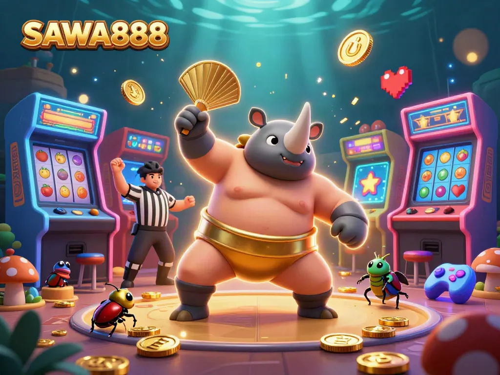 Experience the thrilling slots action with SAWA888, featuring vibrant beetle champions and casino elements.