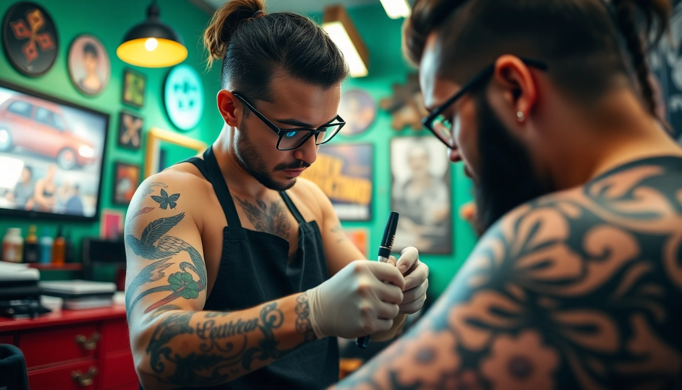 Artistic tattooing process at Tattoo Studio München, highlighting an intricate design being inked on a client's arm.
