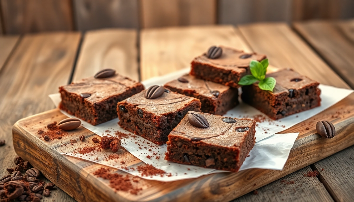 Schokoladige Daga Brownies auf rustikalem Holz, evokative Textur und fesselndes Aussehen.