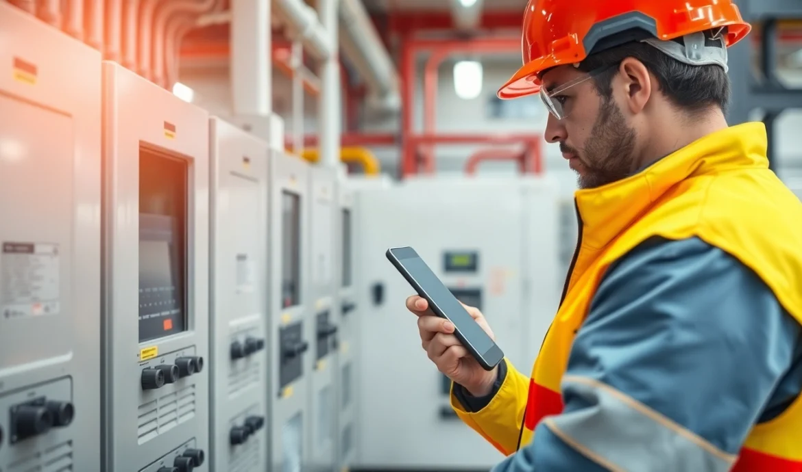 Technician conducting a DGUV V3 Prüfung on electrical equipment, ensuring workplace safety.
