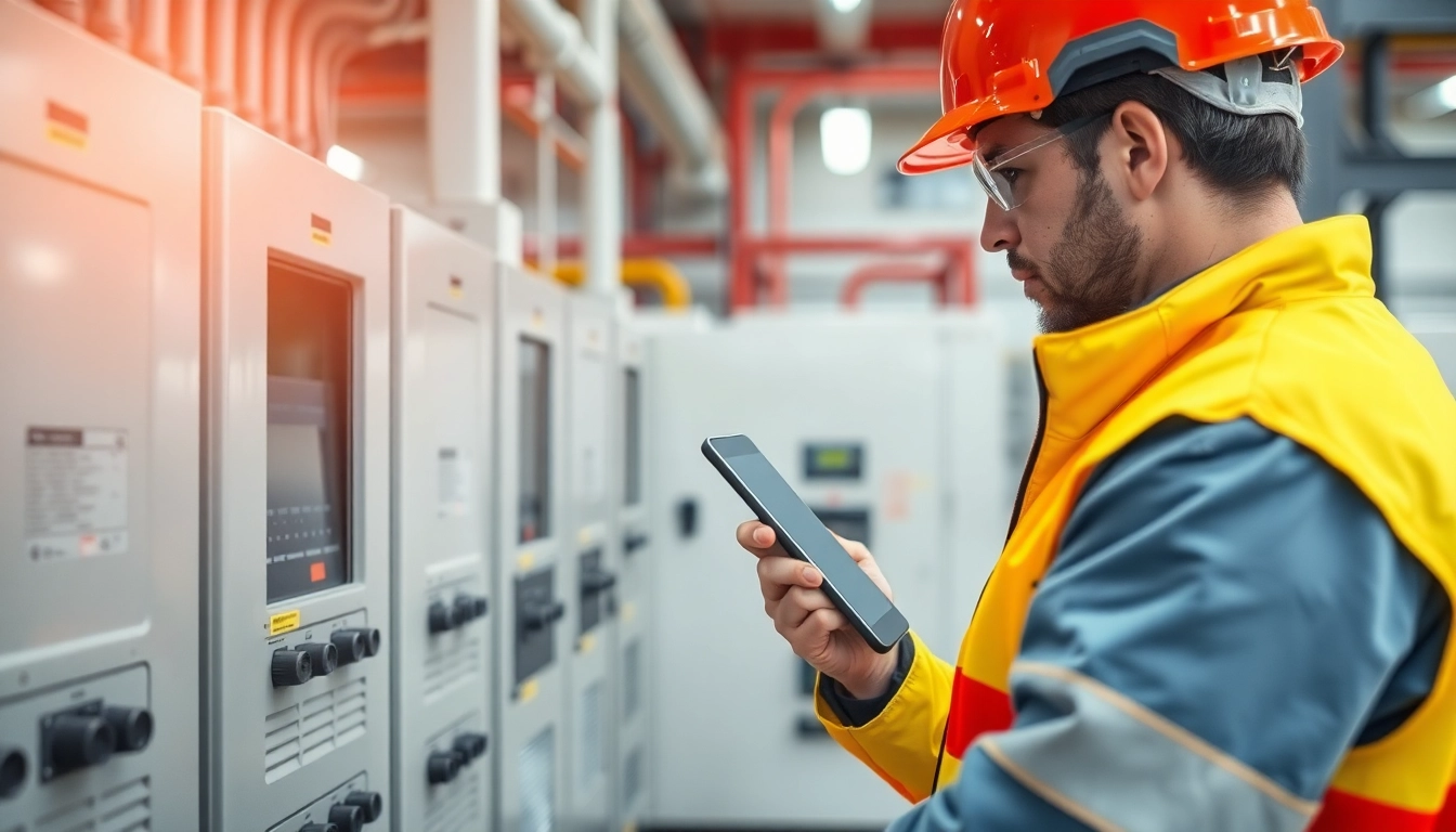 Technician conducting a DGUV V3 Prüfung on electrical equipment, ensuring workplace safety.