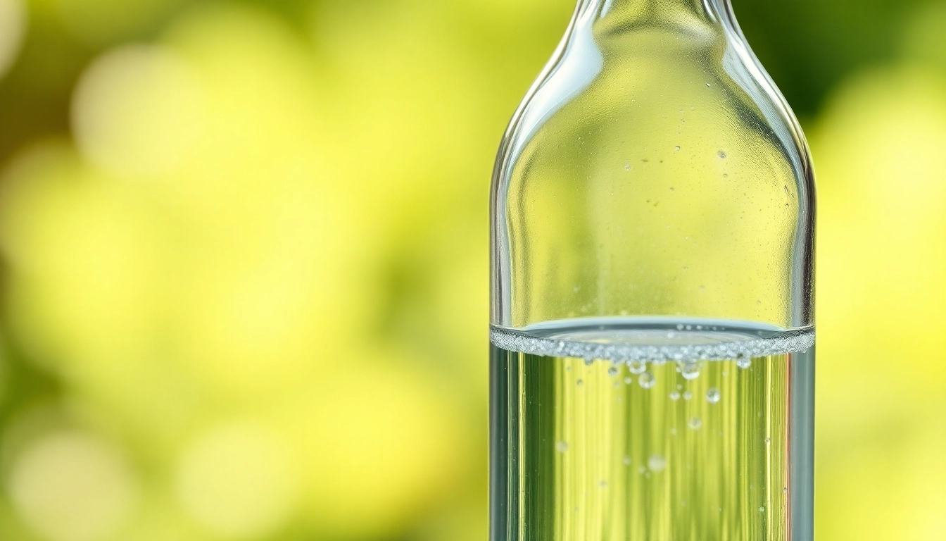 Kolloidales Silber kaufen: Clear glass bottle of colloidal silver against a natural backdrop, emphasizing purity.