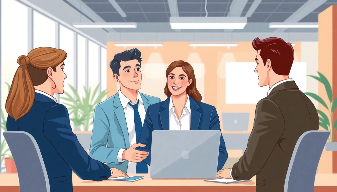 Headhunter engaging with candidates in a sleek office environment, showcasing a professional atmosphere.