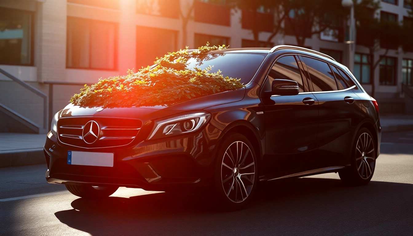 Auf einem matt schwarzen Folierung glitzert das Licht, betont die Eleganz und Sportlichkeit des Fahrzeugs.