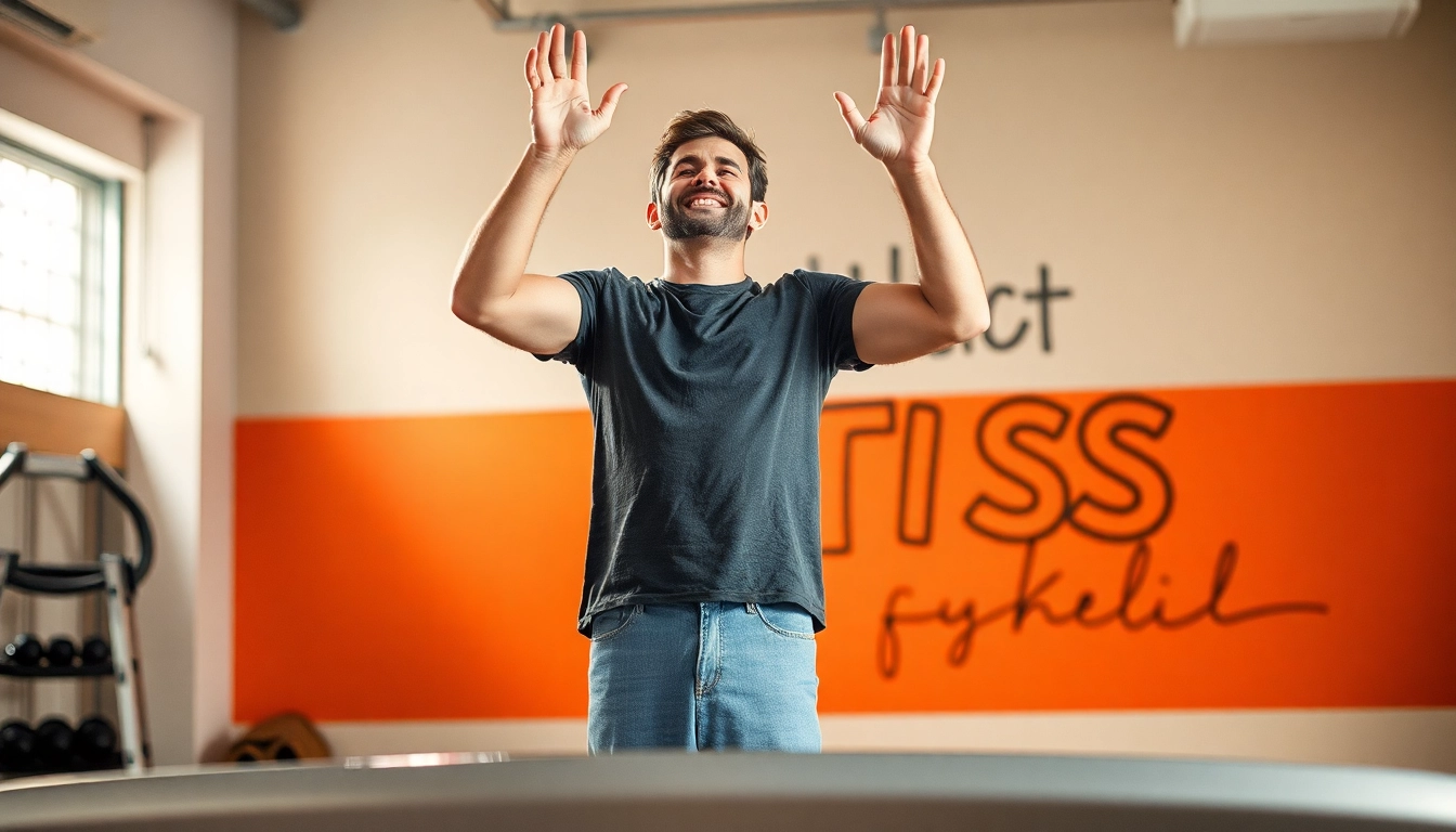 Motivierter Mensch feiert seinen Gewichtsverlust auf einer Waage, umgeben von einer inspirierenden Fitnessumgebung.