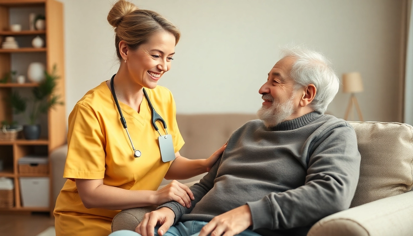 Pflegedienst: Eine freundliche Pflegekraft unterstützt einen älteren Menschen in einem komfortablen Wohnzimmer.