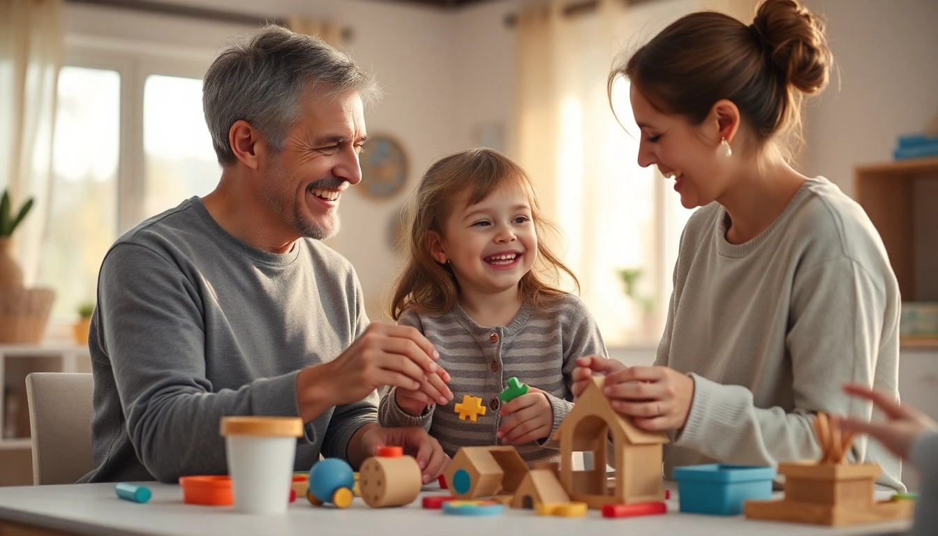 Kindererziehung durch liebevolle Interaktion zwischen Eltern und Kind beim Basteln.