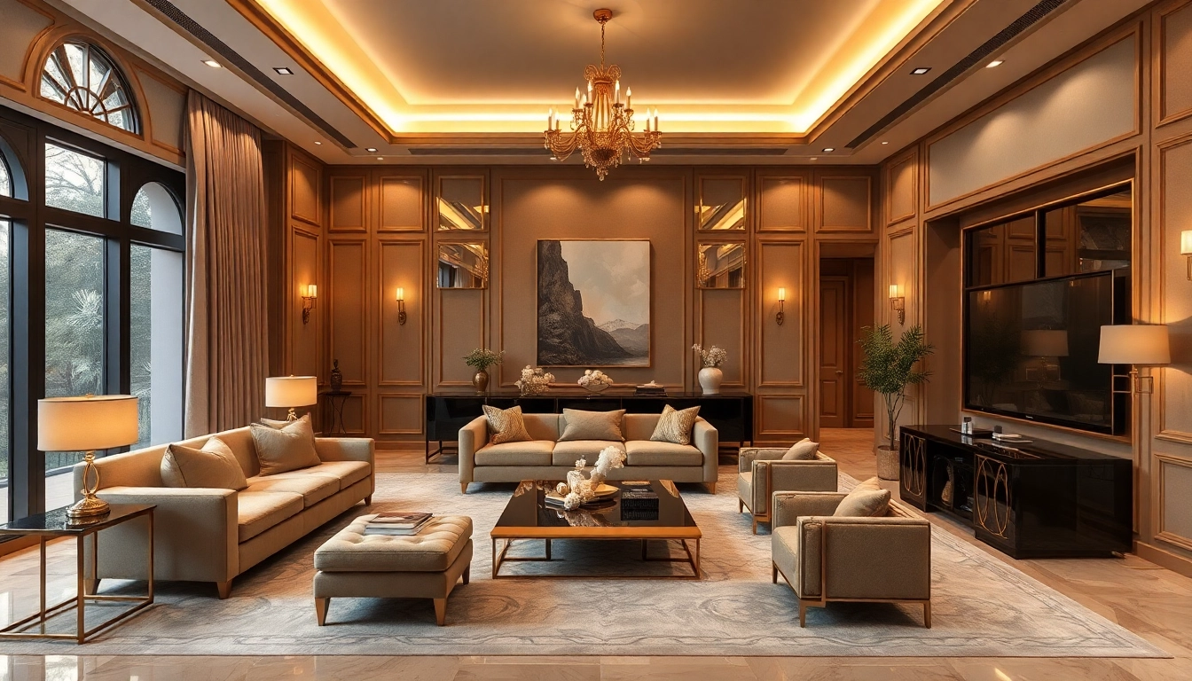 Luxury living room showcasing opulent furniture and elegant decor in a warm atmosphere.
