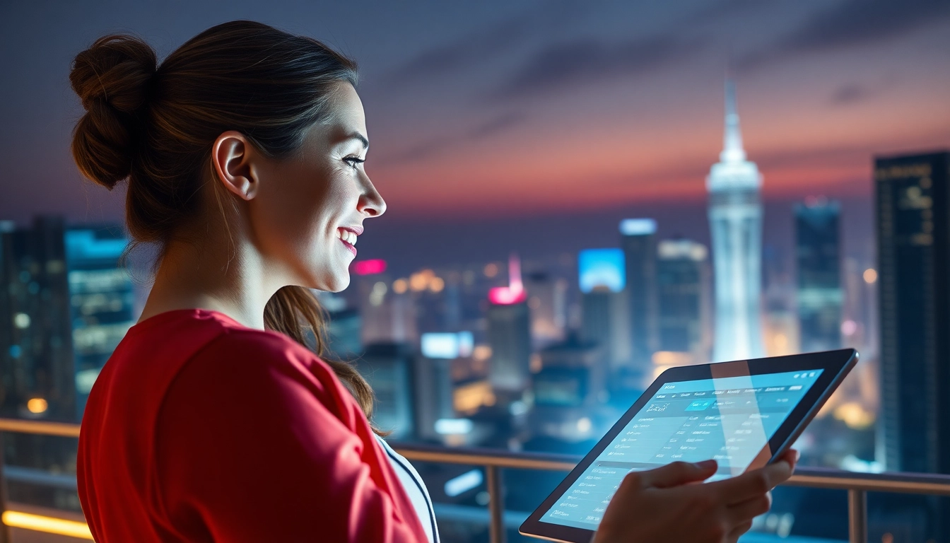 Entdecken Sie wettanbieter ohne limit in einem modernen Umfeld: Frau wettet auf einem Tablet mit futuristischem Design.