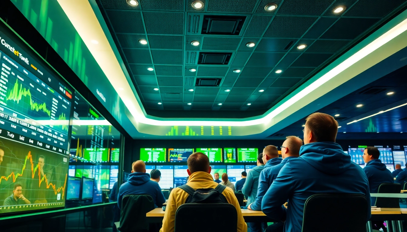 Bester Wettanbieter: Dynamische Sportwetten-Umgebung mit aktiven Kunden und modernen Bildschirmen.