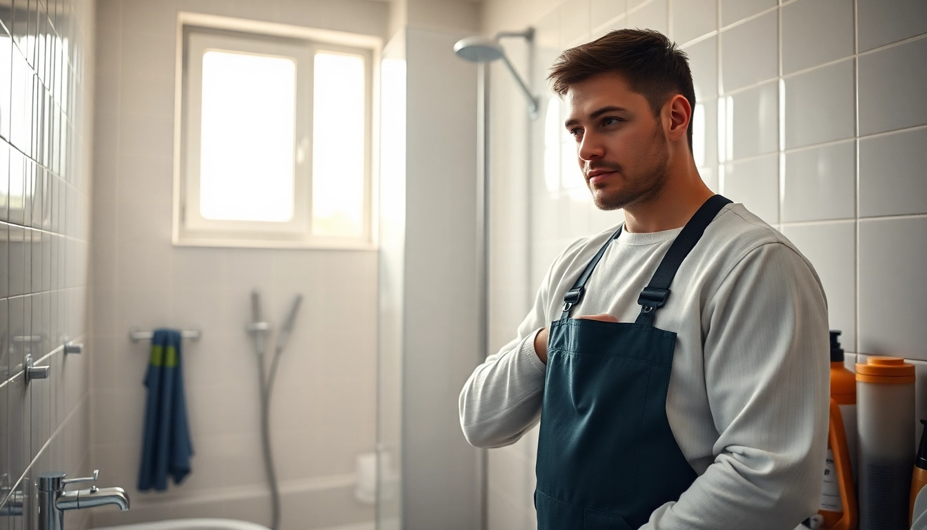 Professioneller Klempner, der im Badezimmer arbeitet und Sanitär Notdienst bietet, um Rohrleitungsprobleme zu beheben.