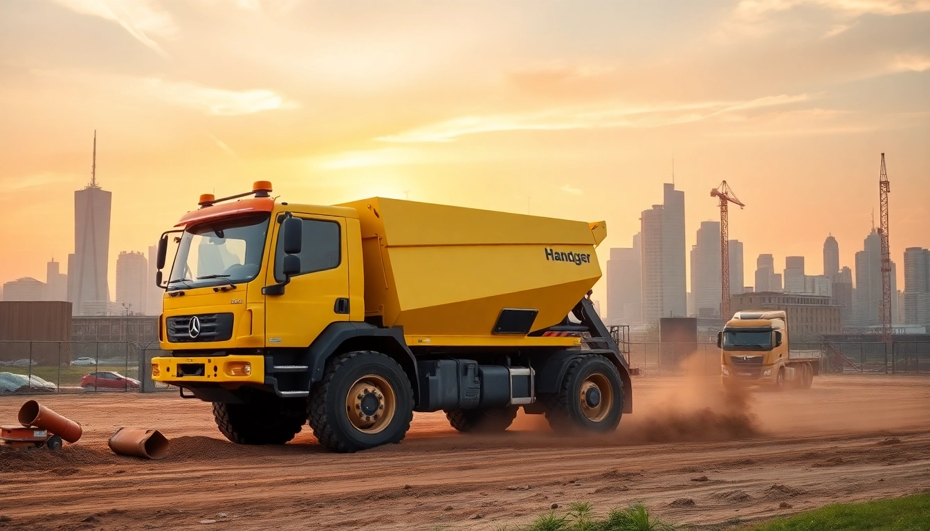 Bagger mieten Hannover: Gelber Bagger hebt Erde auf einer Baustelle in Hannover während des Sonnenaufgangs, umgeben von Bauzubehör.