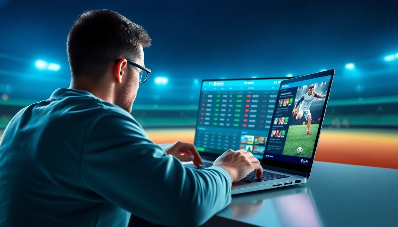 Erlebe Online sports betting with bitcoin durch eine fesselnde Darstellung eines Nutzers, der auf einem modernen Laptop wettet.