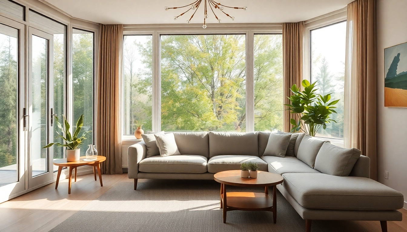 Raumgestaltung eines modernen Wohnzimmers mit großen Fenstern und warmen Farbakzenten.