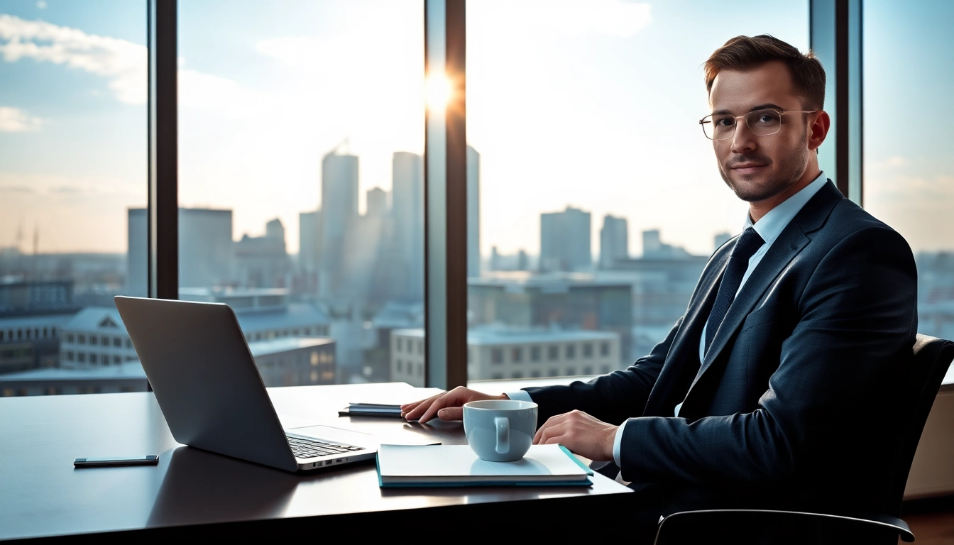 Headhunter Frankfurt: Motiviertes Portrait eines Headhunters bei der Arbeit in Frankfurt mit einem Blick auf die Skyline.