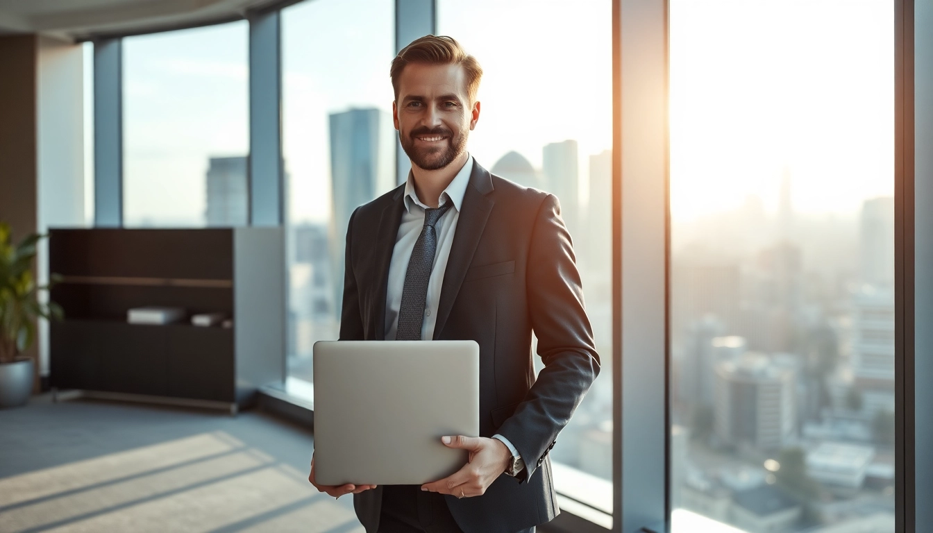 Headhunter Frankfurt präsentiert sich professionell in modernem Büro mit Skyline im Hintergrund.