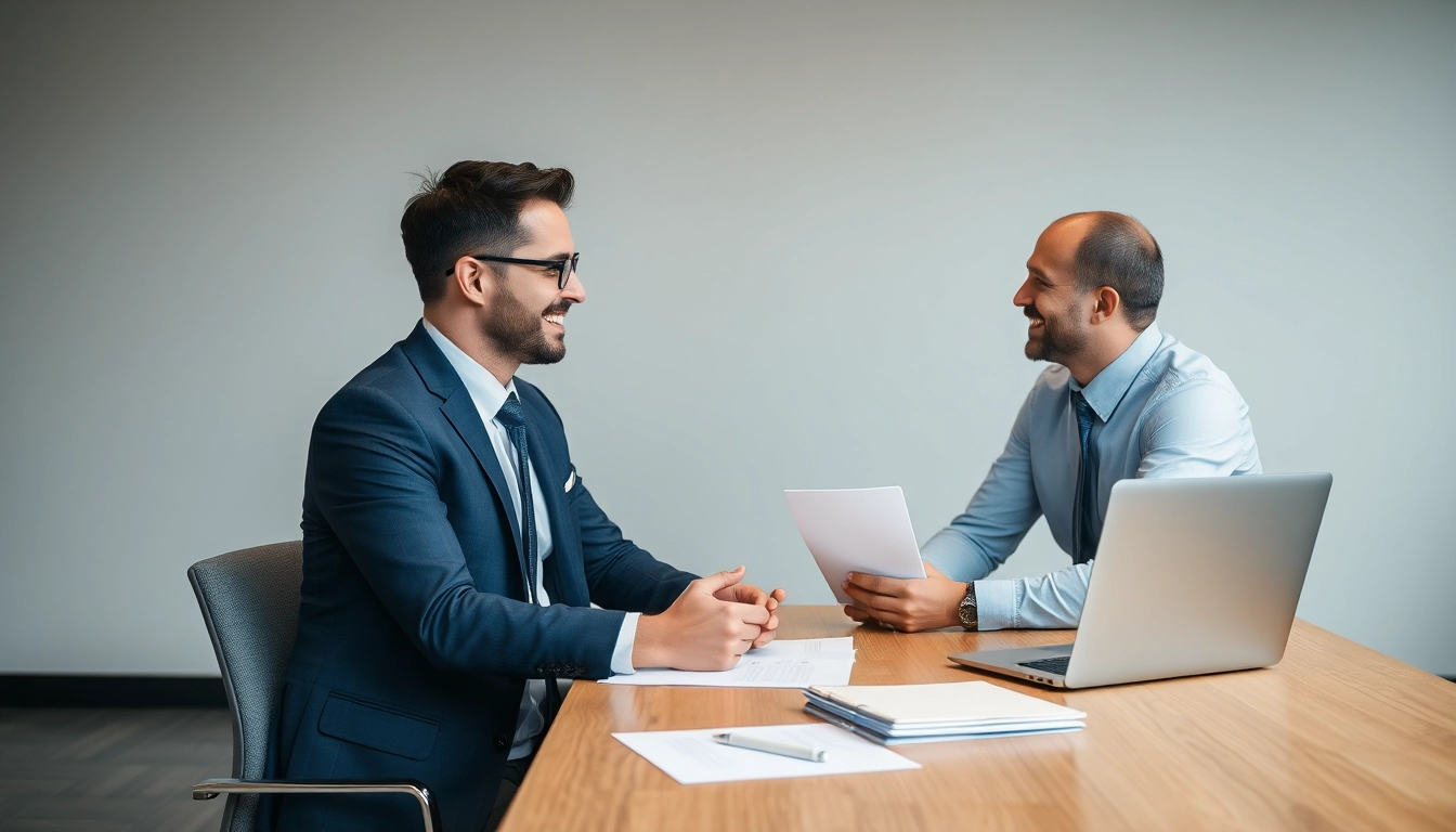Headhunter führt ein freundliches Gespräch mit einem Kandidaten in einem professionellen Büro.