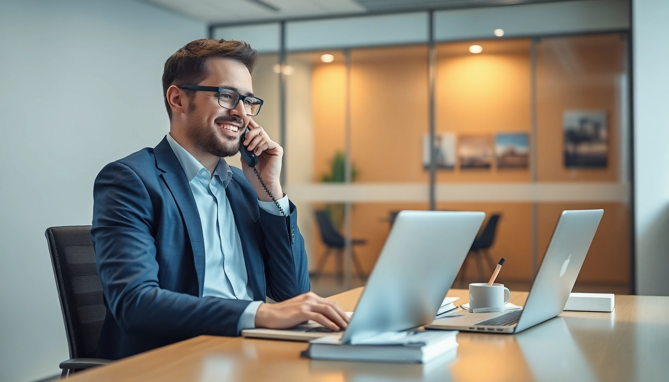 Professioneller Headhunter Ärzte spricht am Telefon in modernem Büro.