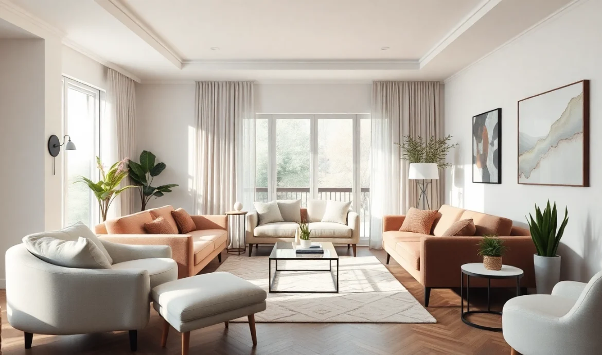 Moderne Raumgestaltung im Wohnzimmer mit eleganter Einrichtung und Pflanzen.