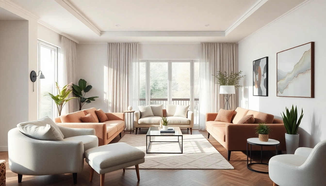 Moderne Raumgestaltung im Wohnzimmer mit eleganter Einrichtung und Pflanzen.