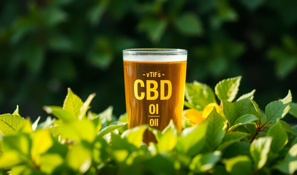Fläschchen mit cbd öl zwischen frischen Hanfblättern, das die natürliche Reinheit hervorhebt.