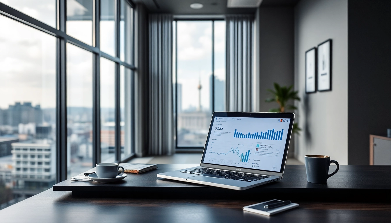 Visualize a modern office of Headhunter Berlin showcasing professionalism with sleek design and relevant props.