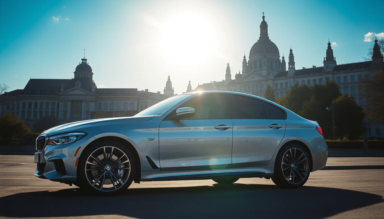 PPF Frontschutz München demonstriert hochwertigen Fahrzeugschutz mit glänzender Folie und Münchens Skyline im Hintergrund.