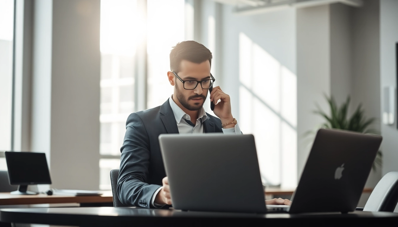 Headhunter analysiert Daten am Laptop während eines Telefoninterviews in einem modernen Büro.