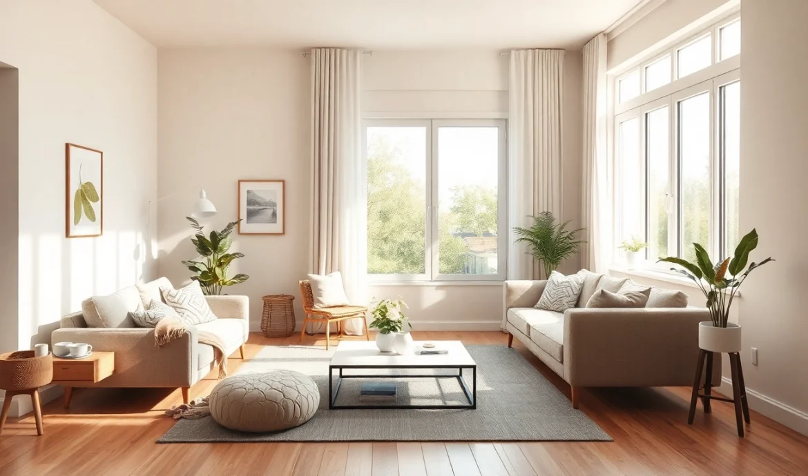 Raumgestaltung eines modernen Wohnzimmers mit harmonischen Farben und weichen Texturen.
