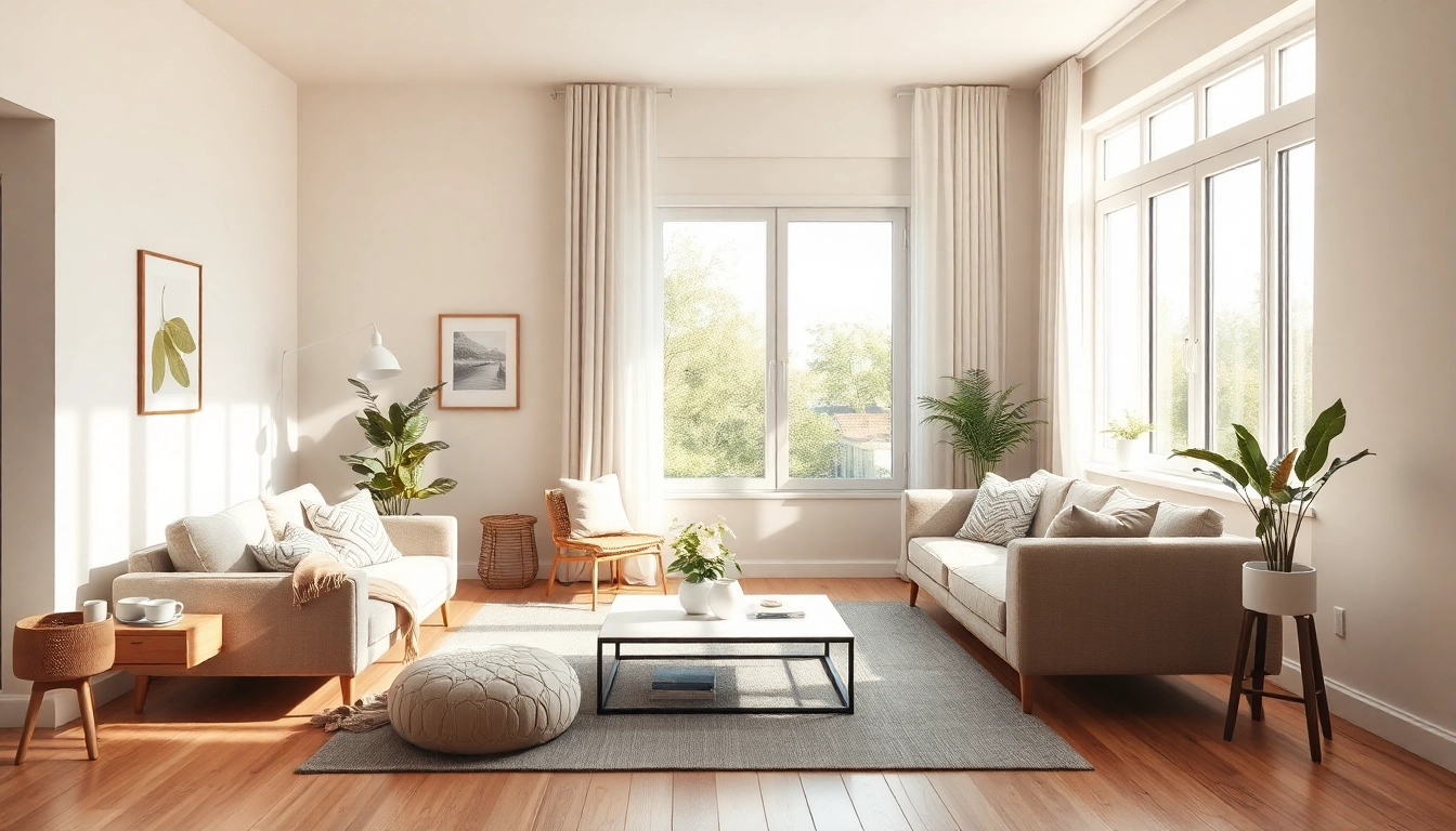 Raumgestaltung eines modernen Wohnzimmers mit harmonischen Farben und weichen Texturen.