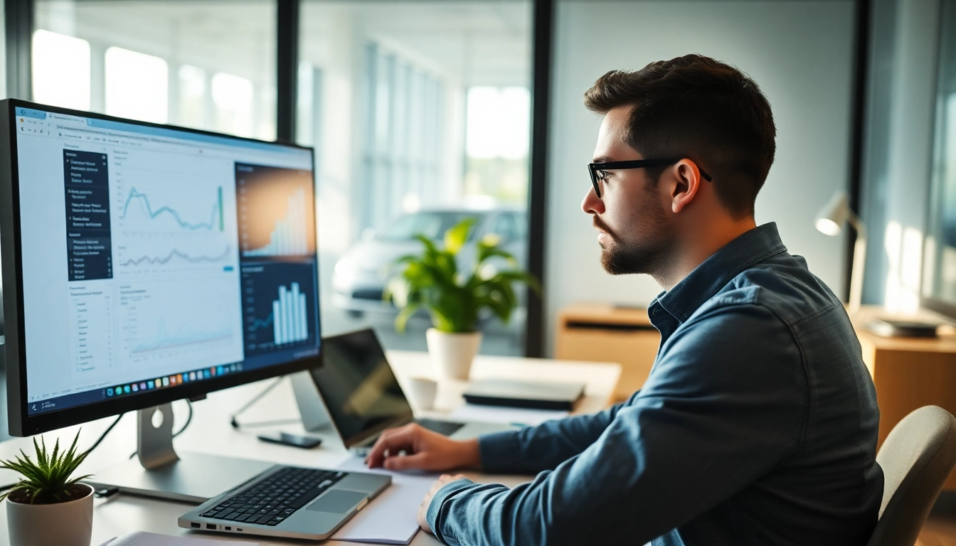 Headhunter IT analysiert Daten in modernem Büro mit Fokus auf Bildschirm.