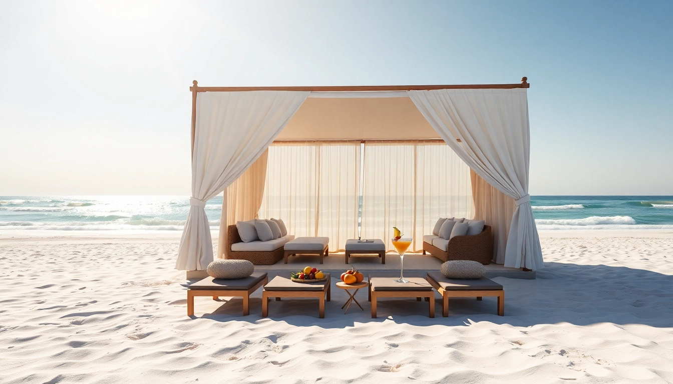 Entspannen in einer luxuriösen Coast Cabana am traumhaften Strand mit Sonnenliege und Cocktails.