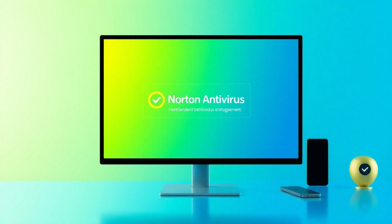Norton Antivirus herunterladen auf einem modernen Computerbildschirm mit einem einladenden Design und Sicherheitsmotiven.