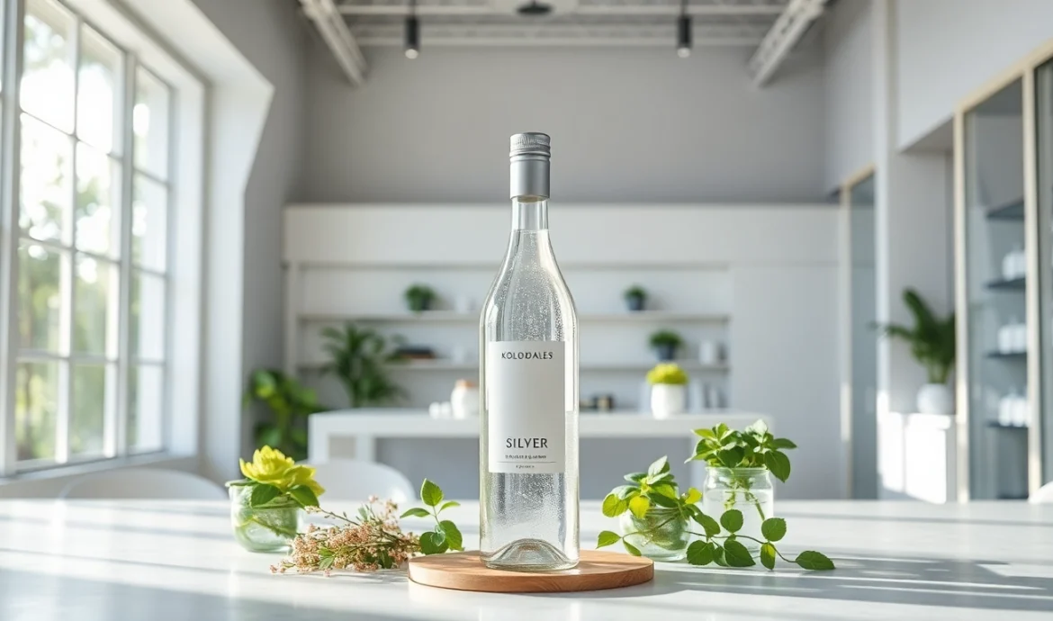 Kaufen Sie hochwertiges kolloidales Silber in einer einladenden Verkaufsumgebung, mit eleganter Flasche und frischen Kräutern.