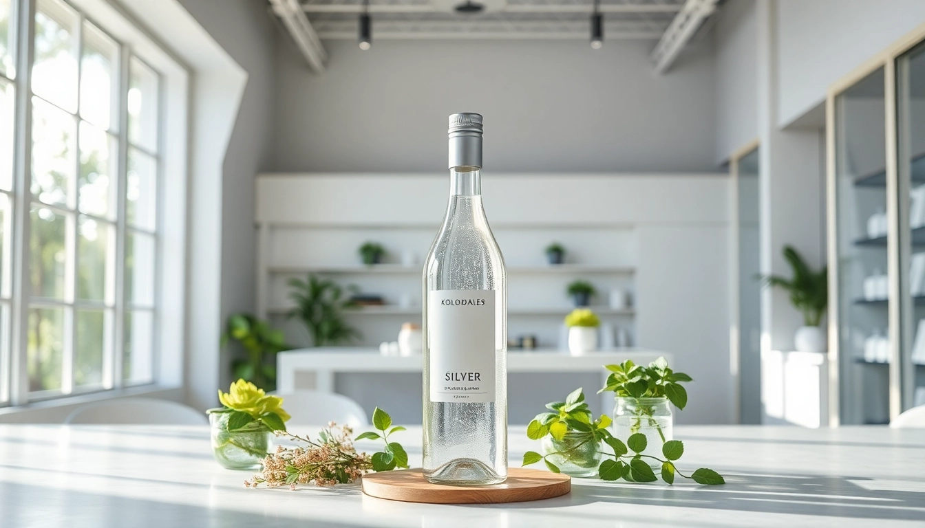 Kaufen Sie hochwertiges kolloidales Silber in einer einladenden Verkaufsumgebung, mit eleganter Flasche und frischen Kräutern.