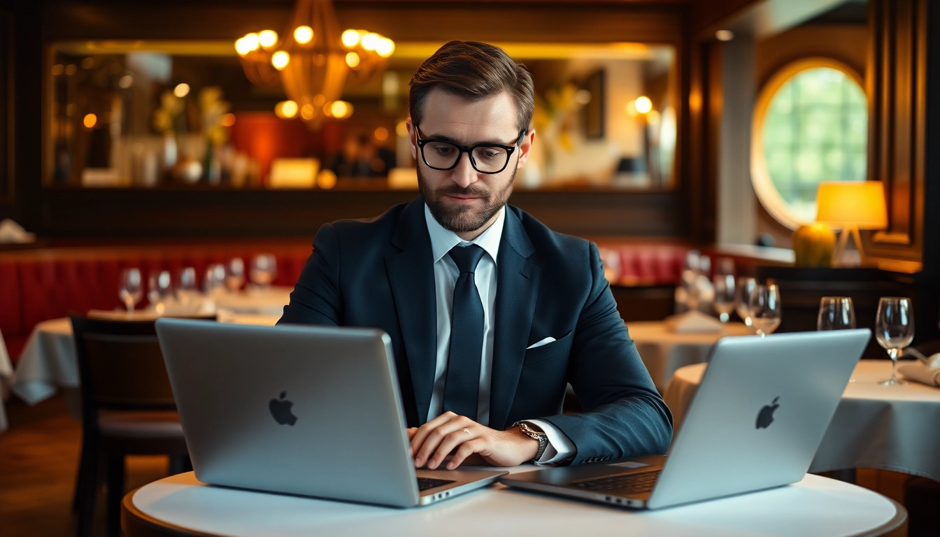 Headhunter Gastronomie analysiert Bewerberprofile in einem eleganten Restaurant mit einladender Atmosphäre.