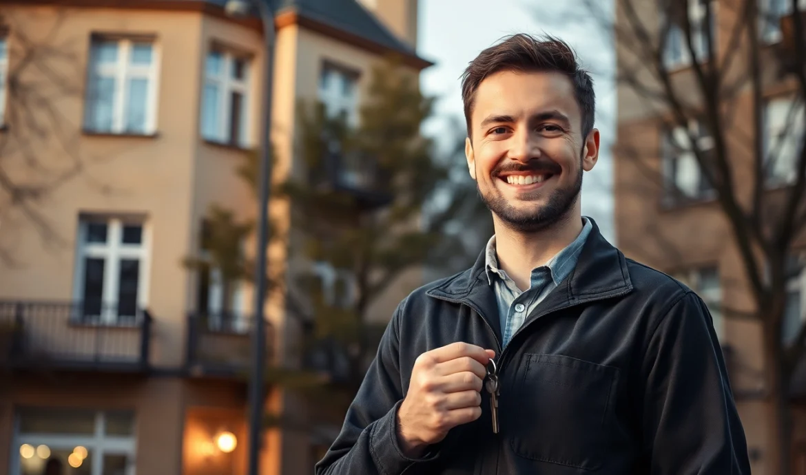 Schlüsseldienst Berlin günstig: Freundlicher Schlüsseldienstmitarbeiter mit Schlüsselbund vor Berliner Altbauwohnung.
