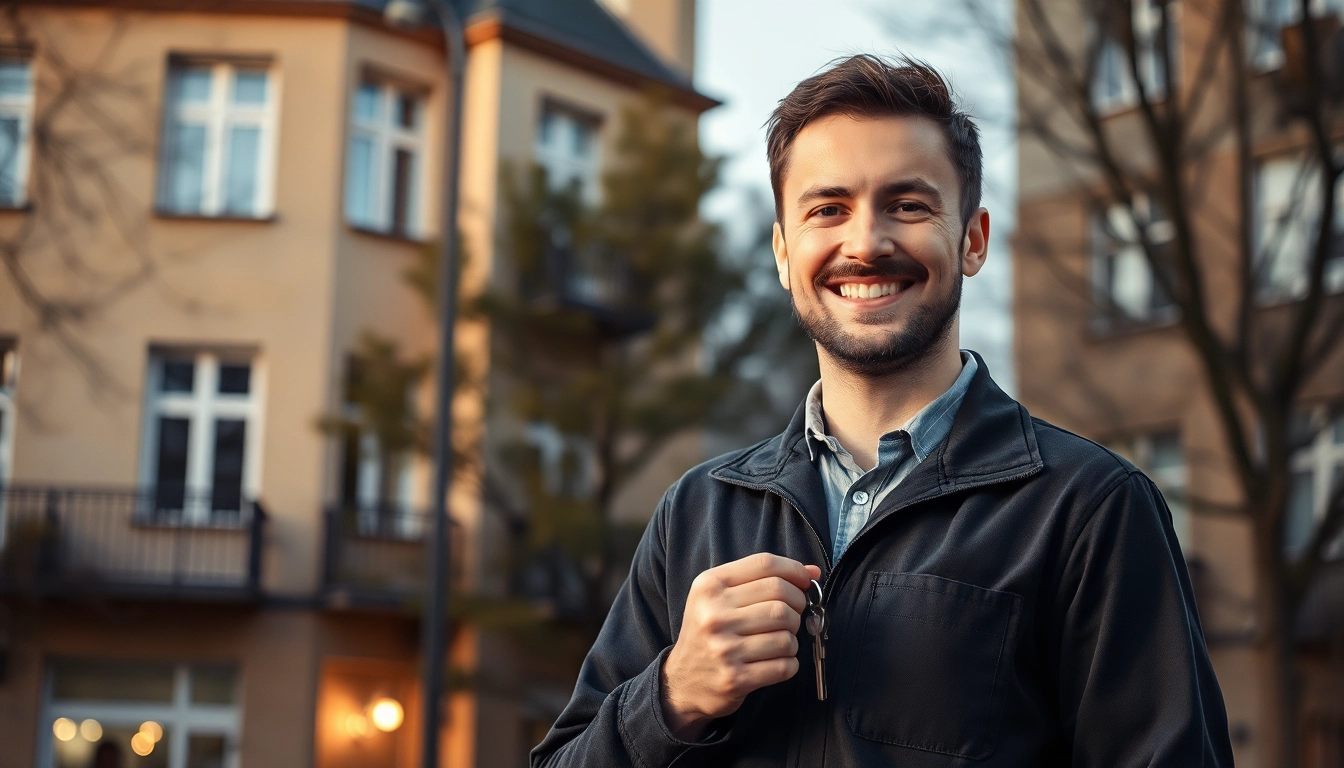 Schlüsseldienst Berlin günstig: Freundlicher Schlüsseldienstmitarbeiter mit Schlüsselbund vor Berliner Altbauwohnung.