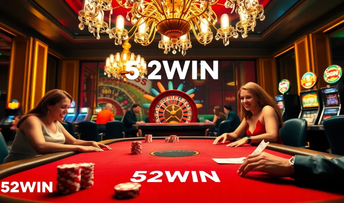 Players enjoying a thrilling game at a casino themed around 52WIN, featuring poker chips and a roulette wheel.